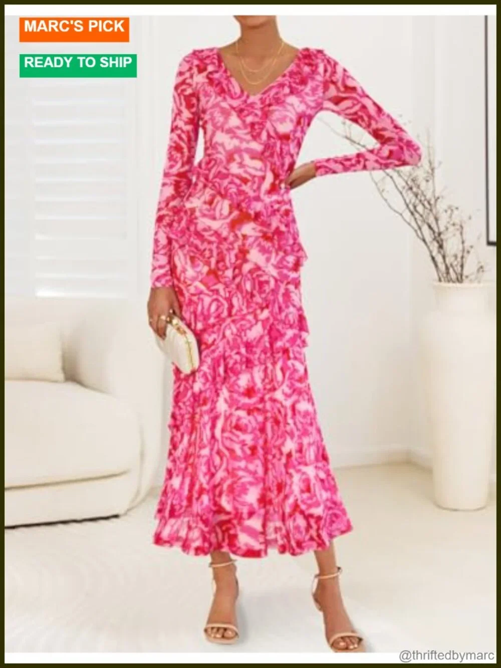 Women's Floral Maxi Dress Long Sleeve V-Neck Bodycon Mermaid Dress